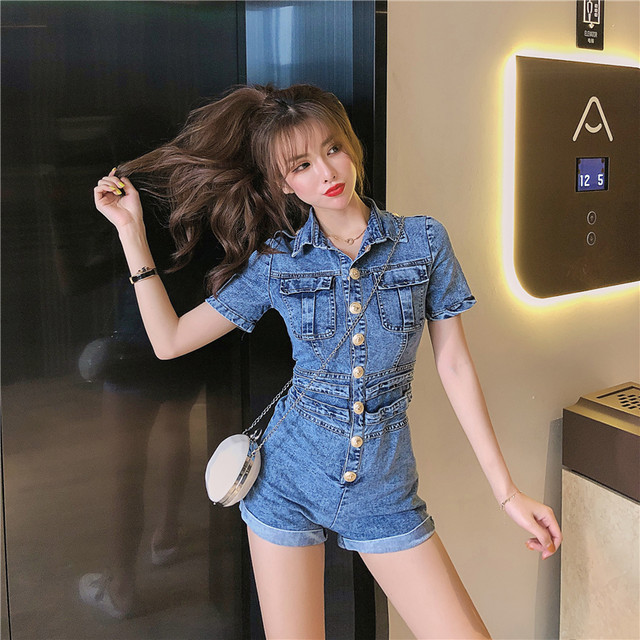 ジャンプスーツ オールインワン ロンパース ショートパンツ デニム ブルー ブラック おしゃれ かわいい 夏 リゾート かっこいい 韓国 韓国ファッション オルチャン オルチャンファッション P1017 Korean Select 韓国ファッション オルチャンファッション