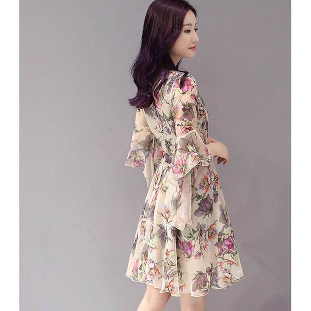 ワンピース レディース 夏ワンピース 膝上 シフォンワンピース 半袖 ワンピ スピーカースリーブ シフォン ワンピース プリント リゾートワンピ 旅行 Hy412 Bianka