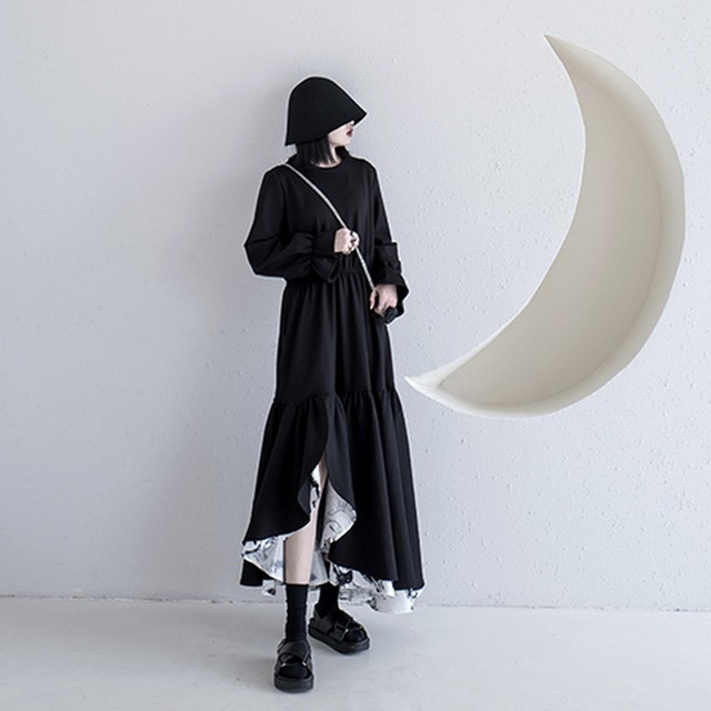 病みかわいい ゴスロリ 黒ドレス ワンピ ロング丈 アシンメトリー 大人きれいめ モード系 女子会 デート お呼ばれ 代 30代 モード系ファッション専門店 With U