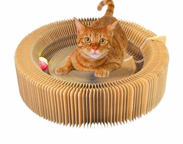猫爪とぎ ダンボールベッド 折り畳み式 変形可能 スズボール付き アコーディオン型バリバリ猫爪とぎ寝床 Mesare1