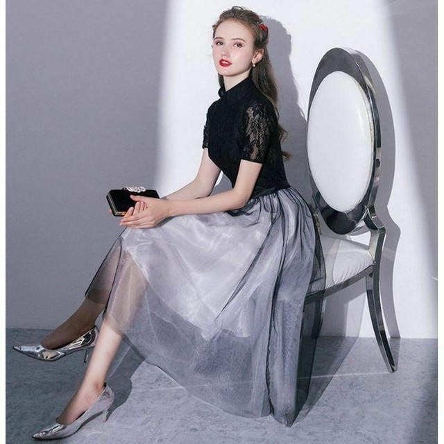 送料無料 パーティードレス ドレス ワンピース カラードレス フォーマル 結婚式 お呼ばれ 披露宴 2次会 ミモレ丈 ハイネック Aライン オーガンジー レース バイカラー 代30代40代 上品 華やか おしゃれ きれいめ エレガント 可愛い Ingenuity