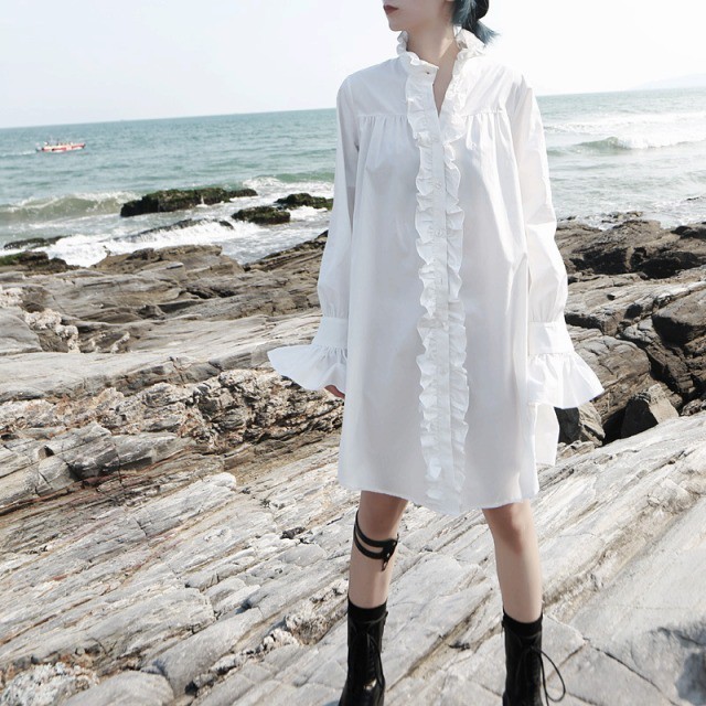 レディース モード系 ブラック系 黒系 ゴシック モノトーン シャツワンピース ボリューム フリル フレア おしゃれ 大人可愛い 送料無料 大人きれいな私を叶える Marriages