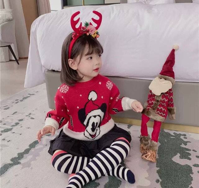 Ksnt1 送料無料 Kids Baby クリスマス Mickey プリントニット ミッキーニット クリスマスミッキー Mickey ニット プルオーバー 親子コーデ 家族コーデ リンクコーデ ミッキートレーナー クリスマスコーデ クリスマスニット Luana