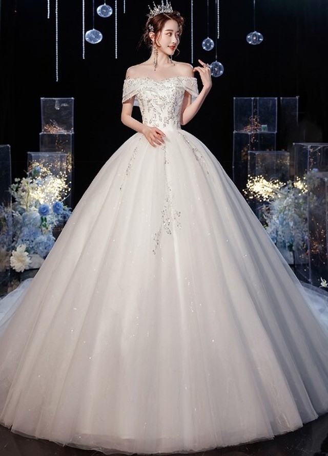 高品質 ウエディングドレス オフショルダー ロングトレーン 花嫁 ウェディングドレス ブライズメイド 結婚式 披露宴 Cinderelladress