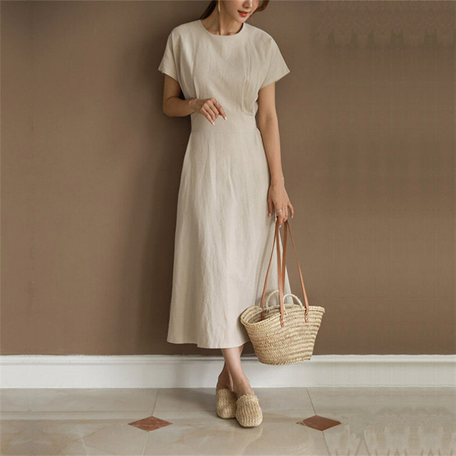マキシワンピース 夏 リネン ワンピース 大きいサイズ Iライン 変形 ロング丈 カジュアル きれいめ ラウンドネック お出かけ 半袖 ホワイト ブラック グリーン Gratias