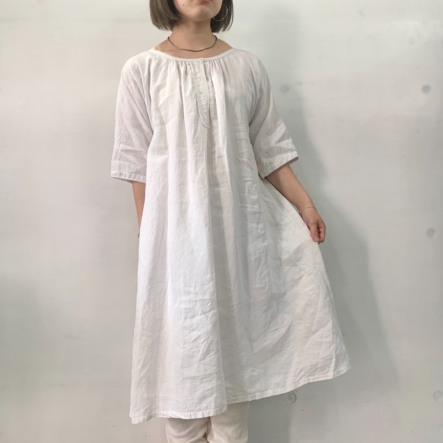 ヨーロッパ古着 France製 Antique リネン スモック ワンピース イニシャル刺繍 ピコレース Chupa