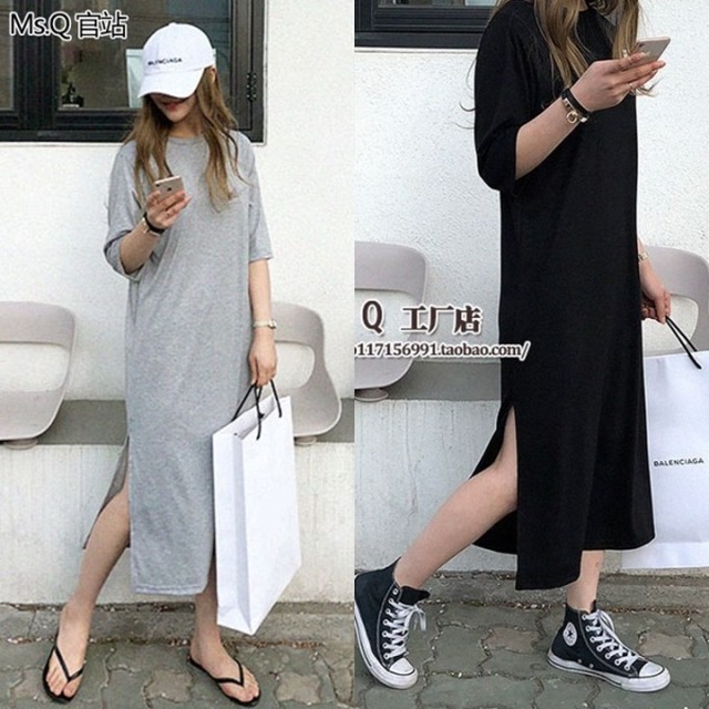 Tシャツ ワンピース 韓国 ファッション レディース スリット ロングワンピース 半袖 黒 グレー 夏服 レディース カットソーワンピース ロング サイドスリット 無地 シンプル ワンピ 夏 ロングｔシャツワンピース Vestito