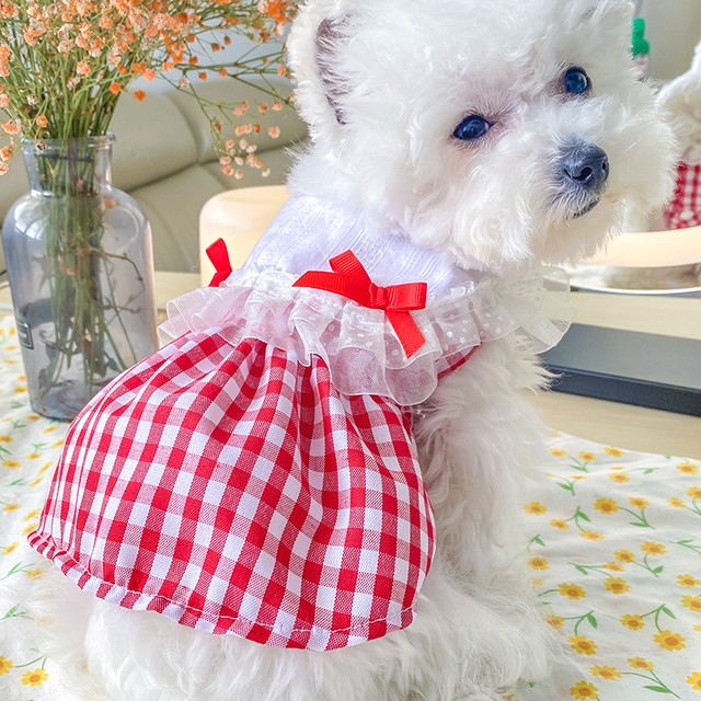 春夏新作 おしゃれ 犬服 小型犬服 ペット服 ドッグウェア チェック柄 ワンピ レース リボン ヘアリボン付き おめかし おしゃれ着 お出掛け ドッグラン 小型犬のためのお店 Seasonz かわいいペットウェアの通販