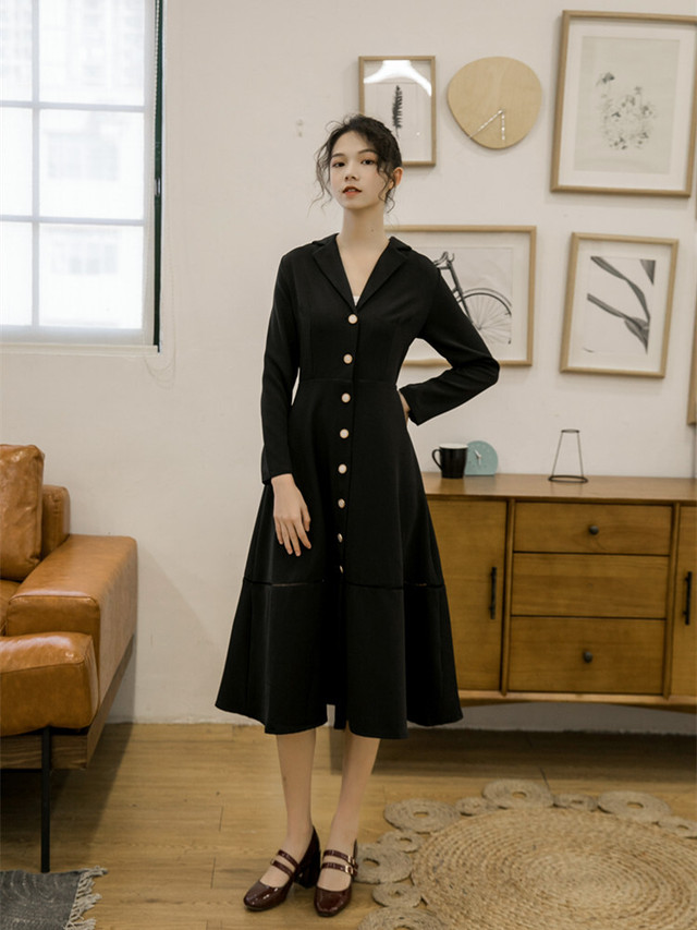 ワンピース ロング丈 レトロ きれいめ 冬 秋 細く見える Aライン Vネック 上品 Uqshop