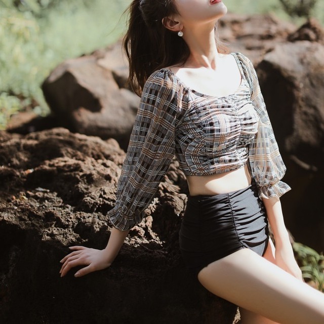 二点セット水着 チェック柄 長袖 ハイウエスト 体形カバー 二の腕カバー 着やせ効果 大人可愛い 海 ビーチ リゾート 温泉水着 ナイトプール 夏 Arroser