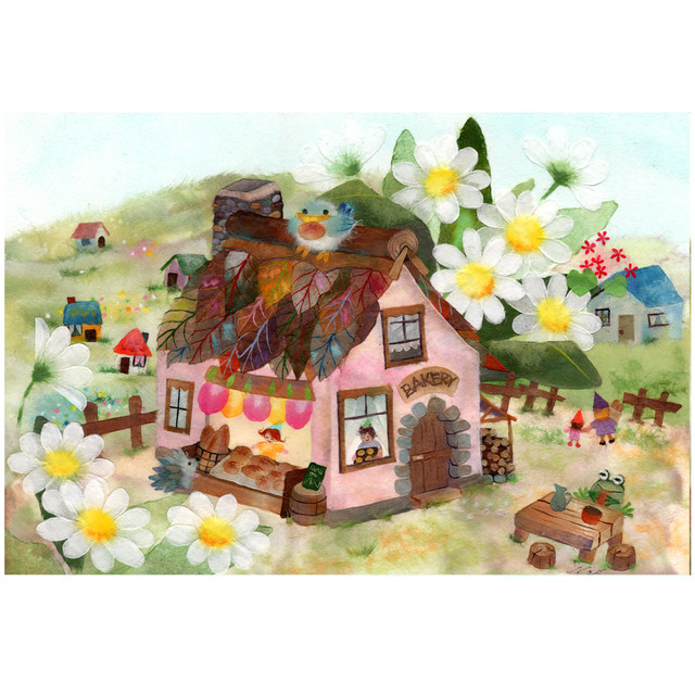 小人のパン屋さん かわいい花に彩られたパン屋さんは今日も大人気 ほのぼのメルヘン世界の春のイラスト ポストカード 和紙絵工房 和紙絵作品のプリントweb通販