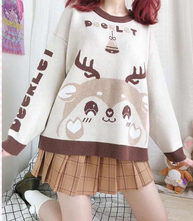 トップス セーター 鹿 ベージュ ブラウン 茶 Sweet ルーズ オーバーサイズ メンズライク 病みかわいい ゆめかわいい ゆるかわ キュート 大人 かわいい きれいめ エレガント フェミニン カジュアル 秋 冬 デイリー お出かけ Z119 Top Mode