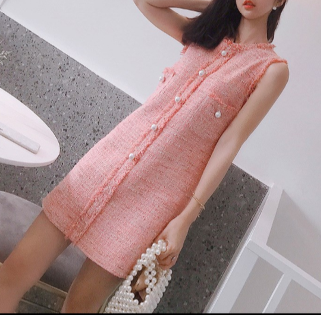 ノースリーブ ツイード ワンピース ピンク サーモンピンク 春 夏 ミニ丈 おしゃれ 可愛い 韓国ワンピ お嬢様 清楚 韓国 韓国ファッション オルチャン オルチャンファッション K032 Korean Select 韓国ファッション オルチャンファッション
