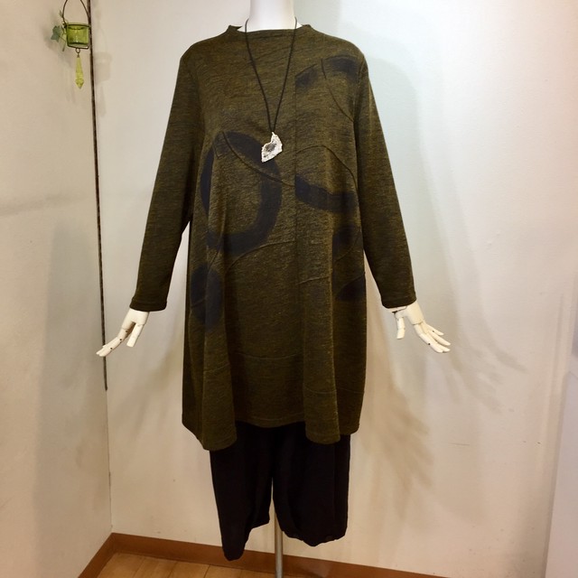 筆柄 大人チュニックワンピース カーキ 大人可愛い婦人服たまや