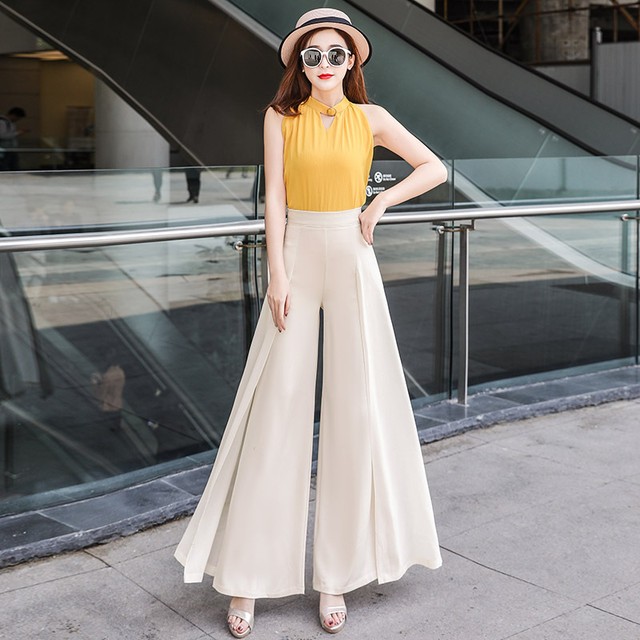 全2色 ワイドパンツ シースルー ハイウエスト スリット フレア 脚長効果 キレイめ 春夏 下半身カバー Like Fashion