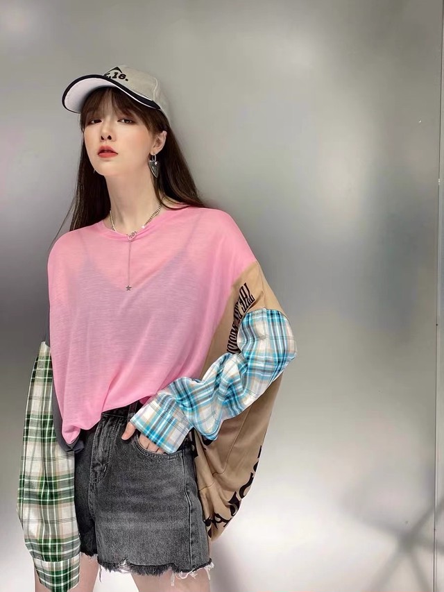 3カラー トップス Tシャツ チェック グレー ピンク ベージュ Loveysmileshop