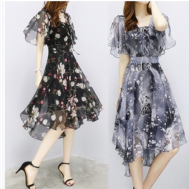 ワンピース 花柄 ワンピース レディース きれいめ シフォンワンピース 花柄 ティアード 夏ワンピース 半袖 ワンピ 40代 Aライン 膝丈ワン Basecamp49