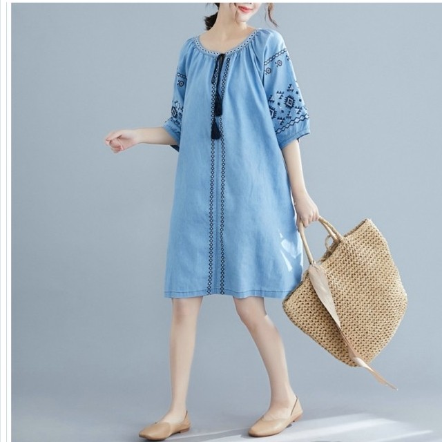 ワンピース 2色展開 刺繍 ワンピース パフスリーブ ワンピース ナチュラル ワンピース デニムワンピース リンネル系 森ガール ワンピース Basecamp49