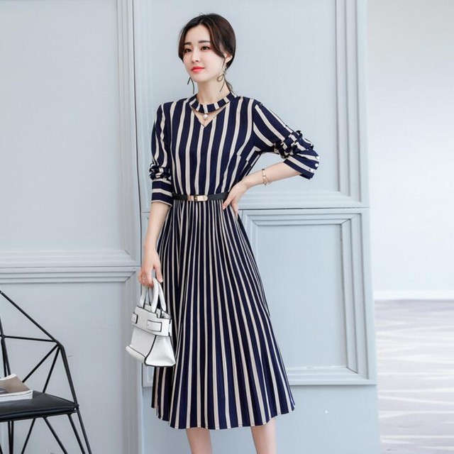 長袖 ボーダー ワンピース エレガント おしゃれ 通勤 Ol 春 秋 4色 Nikkihouse