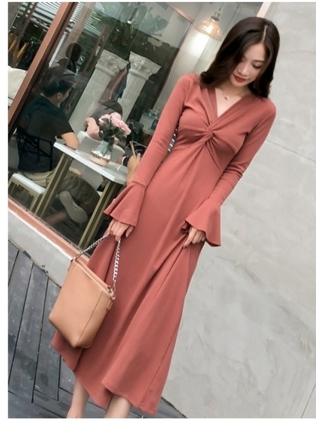 カシュクールニットワンピース カシュクール 冬服 ワンピ リブニッ ロング おしゃれ 長袖 秋服 ワンピース コーデ ニット かわいい 冬 フ Basecamp49