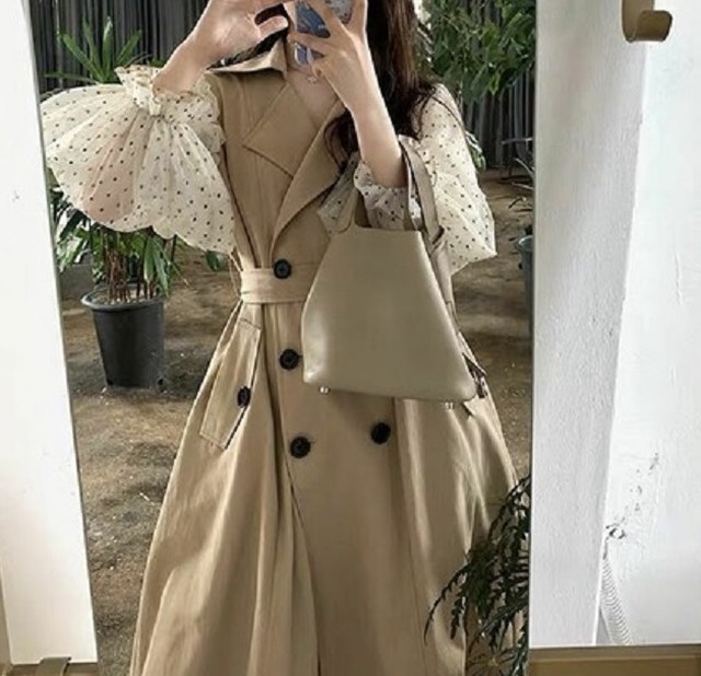 ドットオーガンジー袖 トレンチコート ワンピース風 ベルト付き ロング丈 無地 トレンチ Aライン 大きいサイズ 大人可愛い フェミニン ガーリー 春秋 レディース お出かけ デート パーティー 女子会 Prism One プリズム ワン