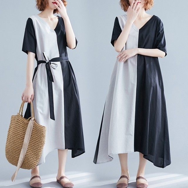 ロングワンピース ロングワンピ レディース バイカラー Vネック 5分袖 ロング丈 ワンピース リボンベルト付き ワンピ 大きいサイズ 春新作 春 春色 春服 春sale ゆったり ワンピース ワンピ Leaflower 001 リーフラワー レディースファッション専門店