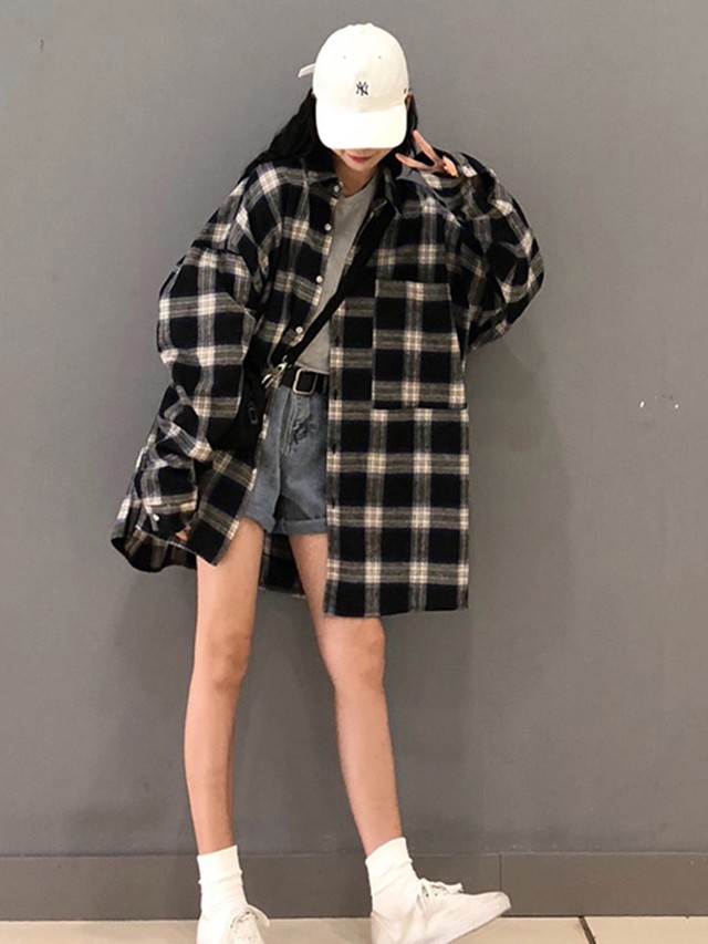 オーバーサイズ チェック柄シャツ トップス フェミニン トップス ナチュラル レトロ 大人可愛い フェミニン トレンド 春夏 韓国ファッション Thicc