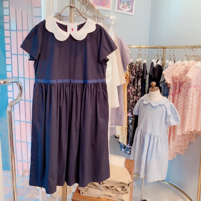 130 140 150cm ネイビーお花襟ワンピース 鎌倉子供服 ハリトイト