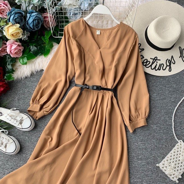 ワントーンコーデ ハイウエスト ワンピース Vネック パフスリーブ ワンピースドレス ロングワンピース ワンピース 秋 フォーマルワンピース フェミニン エレガント カジュアル きれいめ ガーリー 上品 お呼ばれ パーティー フォーマル 通勤 韓国 オルチャン 韓国