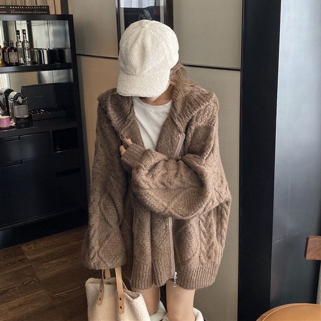 フード付き ニットカーディガン ブラウン 韓国ファッション レディース ケーブル編み ボリューム袖 厚手 オーバーサイズ Dtc レディースファッション通販 Mask エムエーエスケー 大人可愛い韓国ファッション