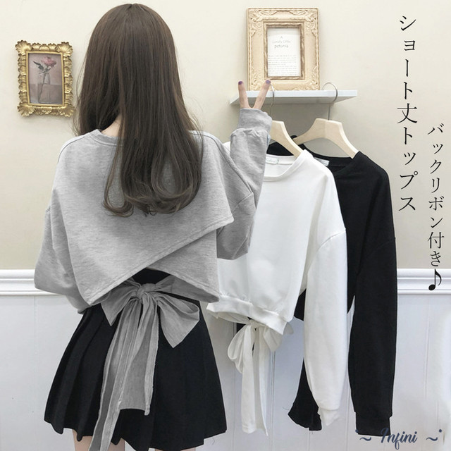 ショート丈 トップス バックリボン カットソー へそ出し 長袖 りぼん 白 黒 無地 シンプル おしゃれ 可愛い カジュアル Tシャツ Infini Arc En Ciel