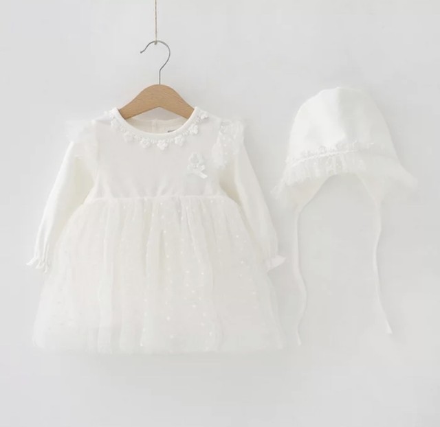 即納 ベビー帽子付き 長袖ワンピースドレス お花モチーフ ホワイト ベビー服子供服海外セレクトショップ Kokko Baby