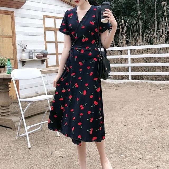 ワンピース レディースウィート小柄すね丈ハイウエスト Vネック 花柄ワンピース Chuulife Com かっこかわいいストリート系を楽しもう