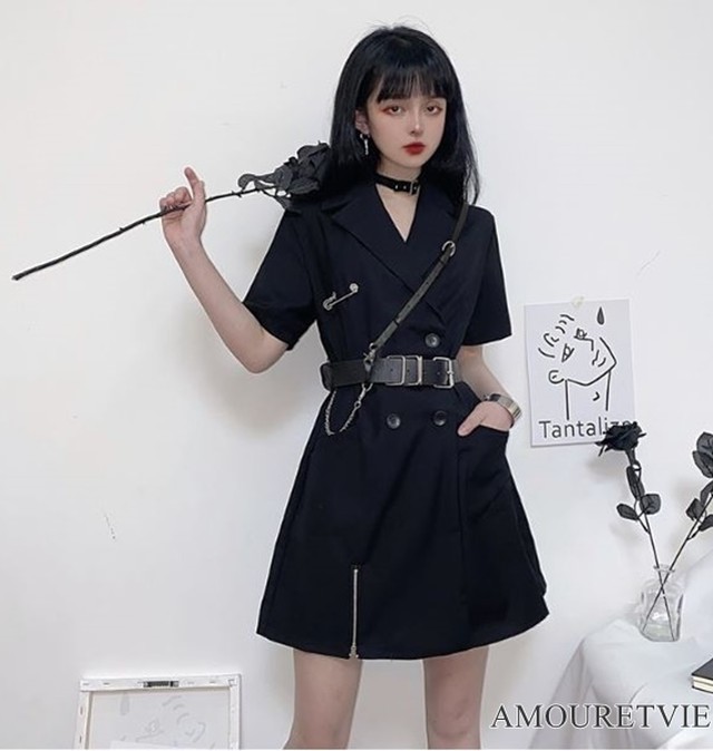 カジュアルスーツ 半袖 ジャケット ベルト付き ストリート 黒 ブラック アシンメトリー ピープス オルチャン 韓国ファッション 1403 Amouretvie モレヴィ