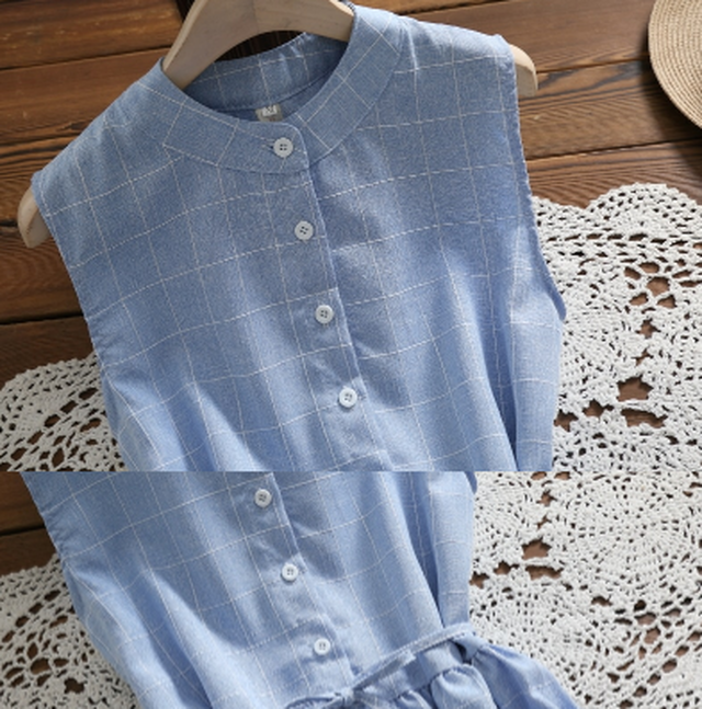 森ガール 韓国風 ワンピース 青 チェック柄 ノースリーブ カジュアル レースアップ エレガント 水色 夏 Cinderella Story