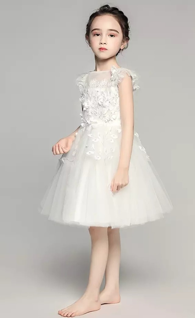 Geyaner X0013 お花のドレス 膝丈レースドレス ホワイト ピアノ 発表