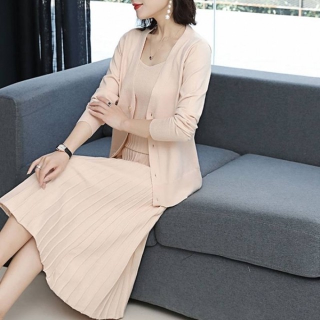ニットワンピース カーディガン セット プリーツワンピース ニットワンピ プリーツワンピ ミモレ丈 秋服 秋 ニットワンピース カーディガン セット プリーツワンピース ニットワンピ Leaflower 001 リーフラワー レディースファッション専門店