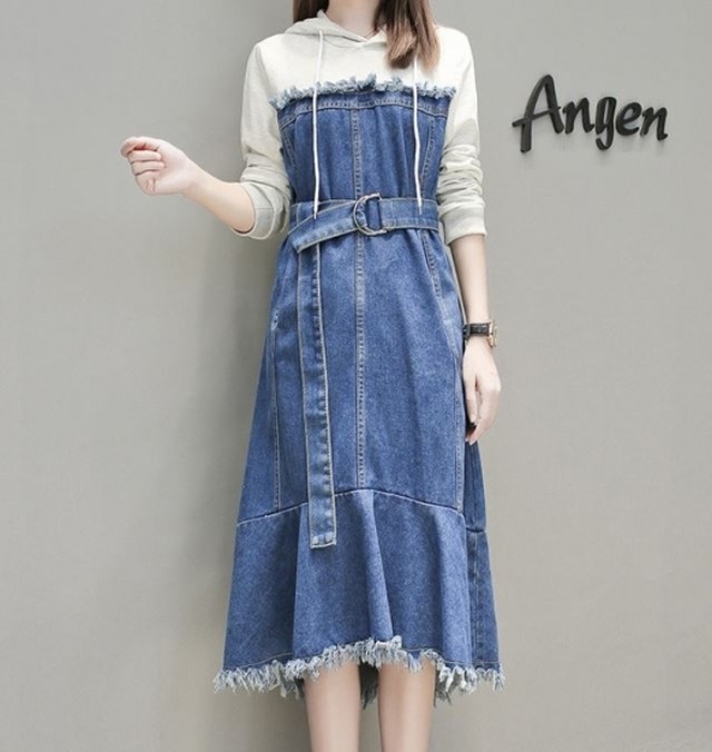 ワンピース ワンピ レディース フード付き スウェットパーカー デニムスカート ワンピ ひざ丈 ミモレ丈 デニムワンピース 大きいサイズ 異素材 春新作 春 春色 春服 春sale ワンピース ワンピ Leaflower 001 リーフラワー レディースファッション専門店