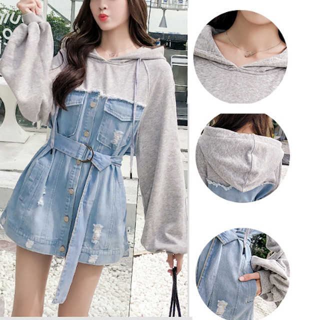 デニムワンピース パーカー ミニ チュニック フード付き オーバーサイズ 長袖 レディース 異素材 ベルト スウェット トレーナー ワンピ ゆったり 代 30代 まるの樹 Fashion