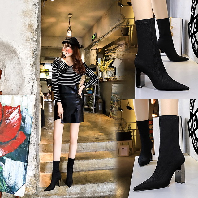 3128 11ヨーロッパとアメリカのファッションメタルヒール厚いヒールスーパーハイヒール指摘セクシーなナイトクラブスリム冬ウールショートブーツ アリババ 靴 シューズ ウィンター 冬物 ヨーロピアン Gf２ Giorni Felici ジョルニ フェリーチ