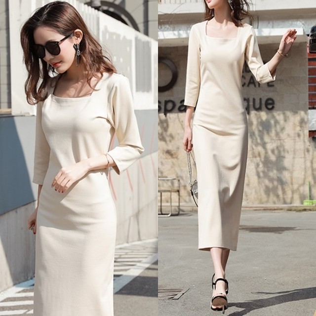 ワンピース 秋 レディース ロングワンピース 韓国 ファッション 秋服 レディース スクエアネック 上品 フォーマル オフィスカジュアル シンプル ワンピ オフホワイト 黒 オルチャン ファッション ワンピ 秋 Vestito