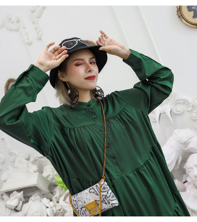 ワンピース シャツワンピース ロング丈 スタンドカラー ティアード 長袖 Aライン ゆったり 体型カバー マタニティ カジュアル 秋 冬 ママ グリーン blank noir
