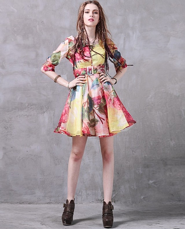 Knees X0008 大人可愛い ワンピース 花柄 ドレス ベルト付 袖ありワンピース結婚式 袖付き ミニ 膝丈 ドレス 結婚式ドレス 代 19新作ドレス Onlythebestオンリーザベスト