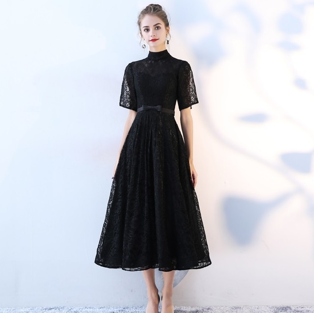 スリットの入った袖で軽さをプラス ハイネック レースリボンワンピースドレス D075 Kireina Dress キレイナ ドレス