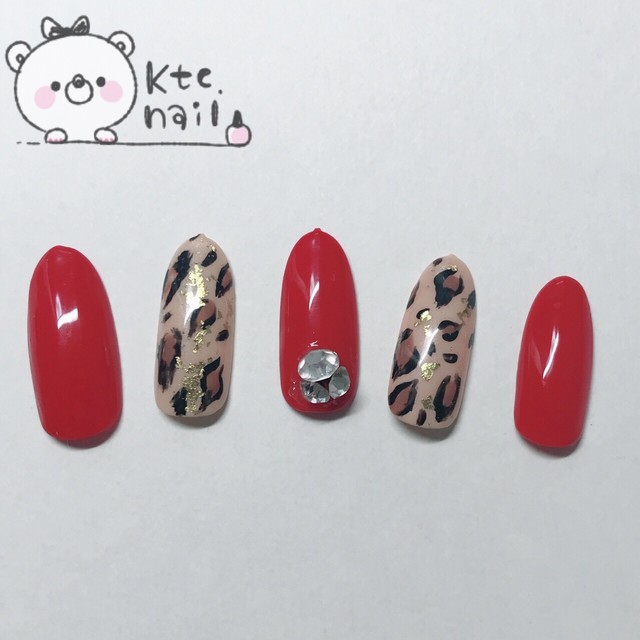 ネイルチップ 赤ネイルレオパード柄 Ktc Nail