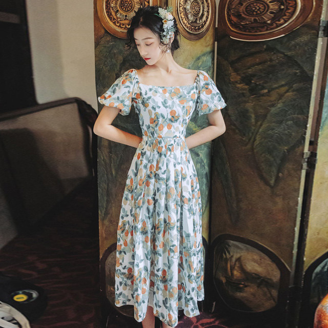 夏の新しいフランスのレトロなミドル丈スリムスリムスクエアカラープリントドレス サマー 夏物 スクウェア 新作 レディース 送料無料 Sp レディース 韓国ファッション 直輸入通販 セクシーワンピース クールカジュアル 全品送料無料 Ukky Franky