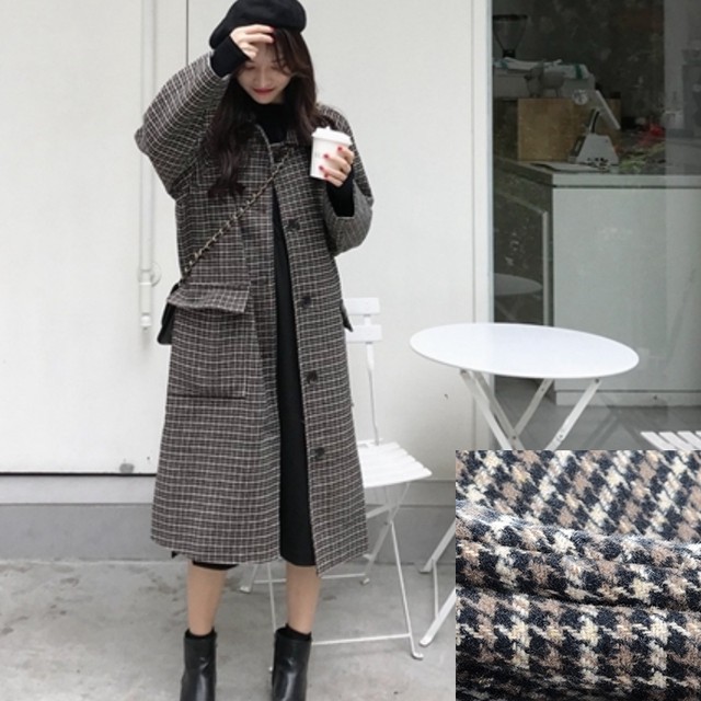 ステンカラーコート 千鳥格子柄 ロング丈 ハウンドトゥース チェック柄 メルトンコート 秋冬 お出かけ デート 女子会 カジュアル きれいめ ベーシック 定番 体型カバー ゆったり Iライン Like Fashion