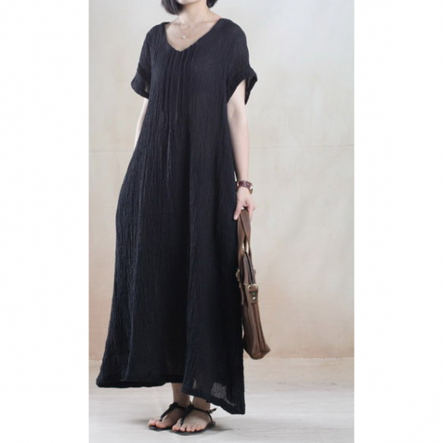 シャツワンピース 体系カバー ワンピース レディース サマーワンピ 黒 夏服 半袖 リネンワンピース Vネック ロング きれいめ Rx04 Raxia ラクシア