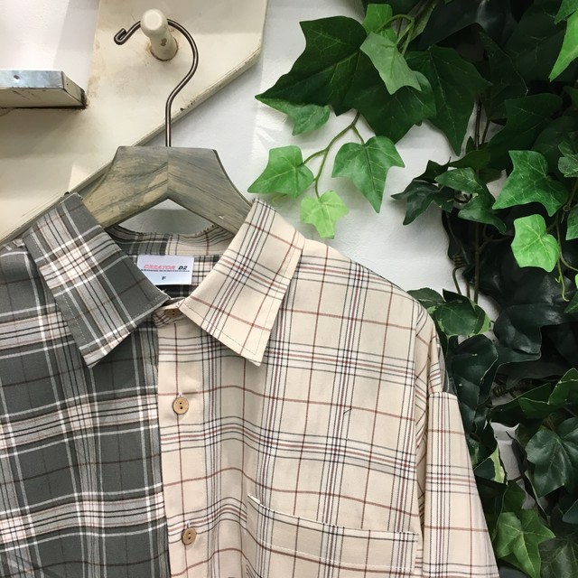 センターキリカエ チェックシャツ グリーン アイボリー Hearty Freight