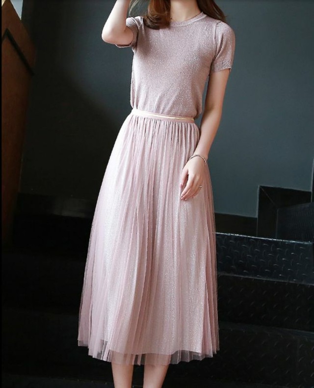 ワンピース ドレス セットアップ 半袖 ニット チュールスカート 無地 ミモレ丈 ハイウエスト 上品 シンプル 可愛い お呼ばれ お出かけ レディース 2点セット Lalas